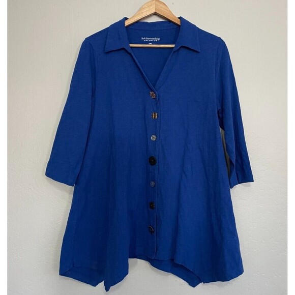 Soft Surroundings Womans Button Up Top Sz L Boho Artsy Sharkbite Hem 3/4 sleeve - Picture 1 of 14